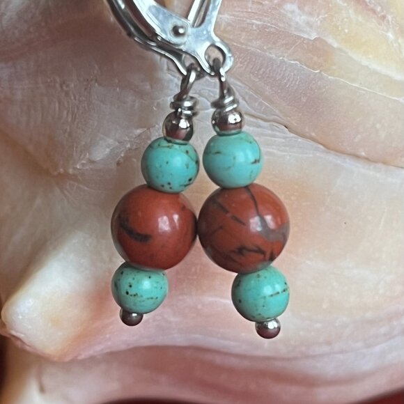 Red Jasper & Turquoise Stone Dangle Earrings, Minimalist Gemstone Small Earrings - Picture 3 of 6